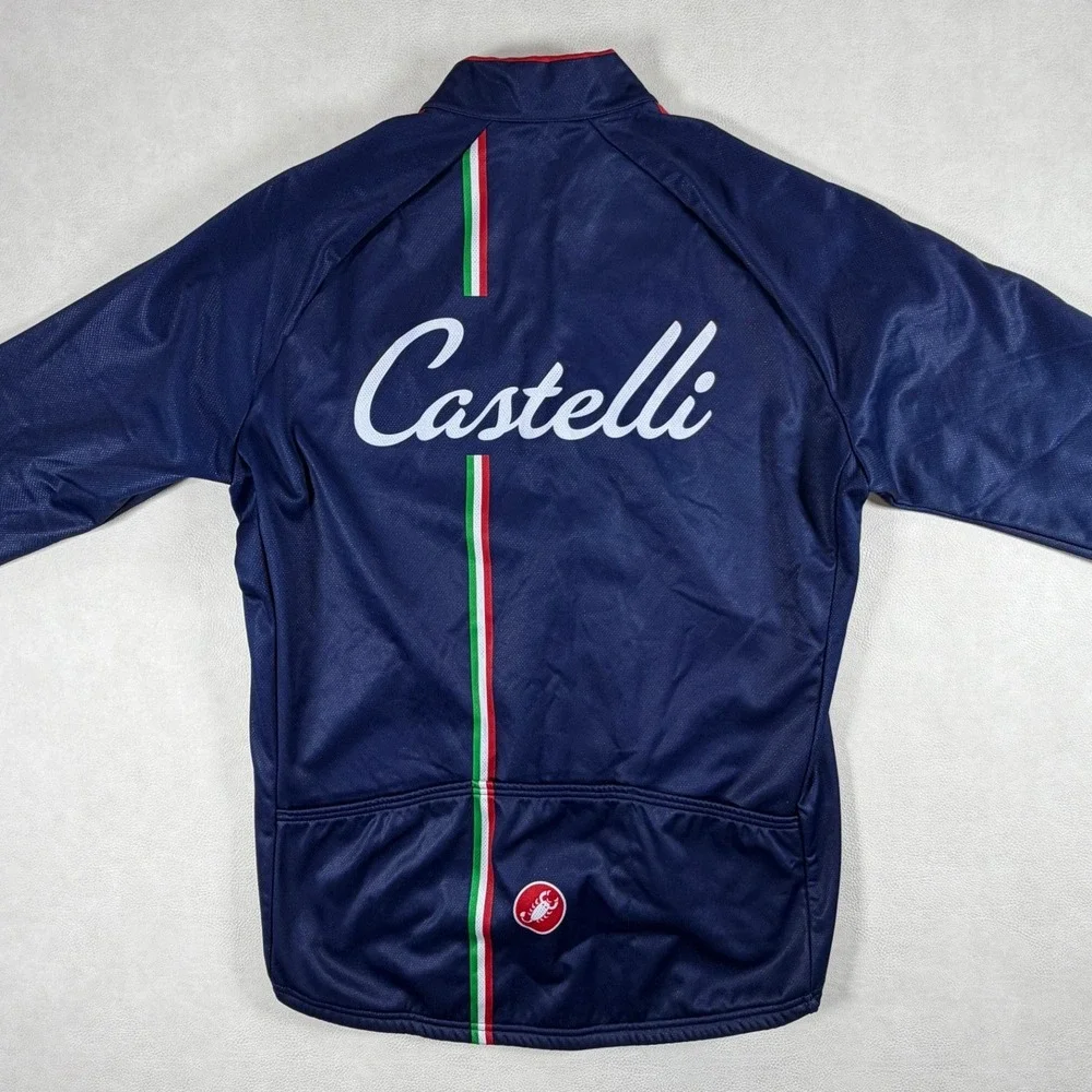 Castelli Mens XXL Navy Blue Full Zip Cycling Jacket Fleece Lined Italian Stripe